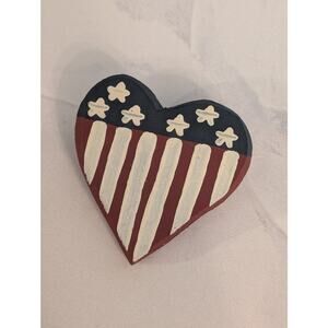Vintage 1980s Red White & Blue Star Spangled Heart Patriotic Wood Pin Brooch